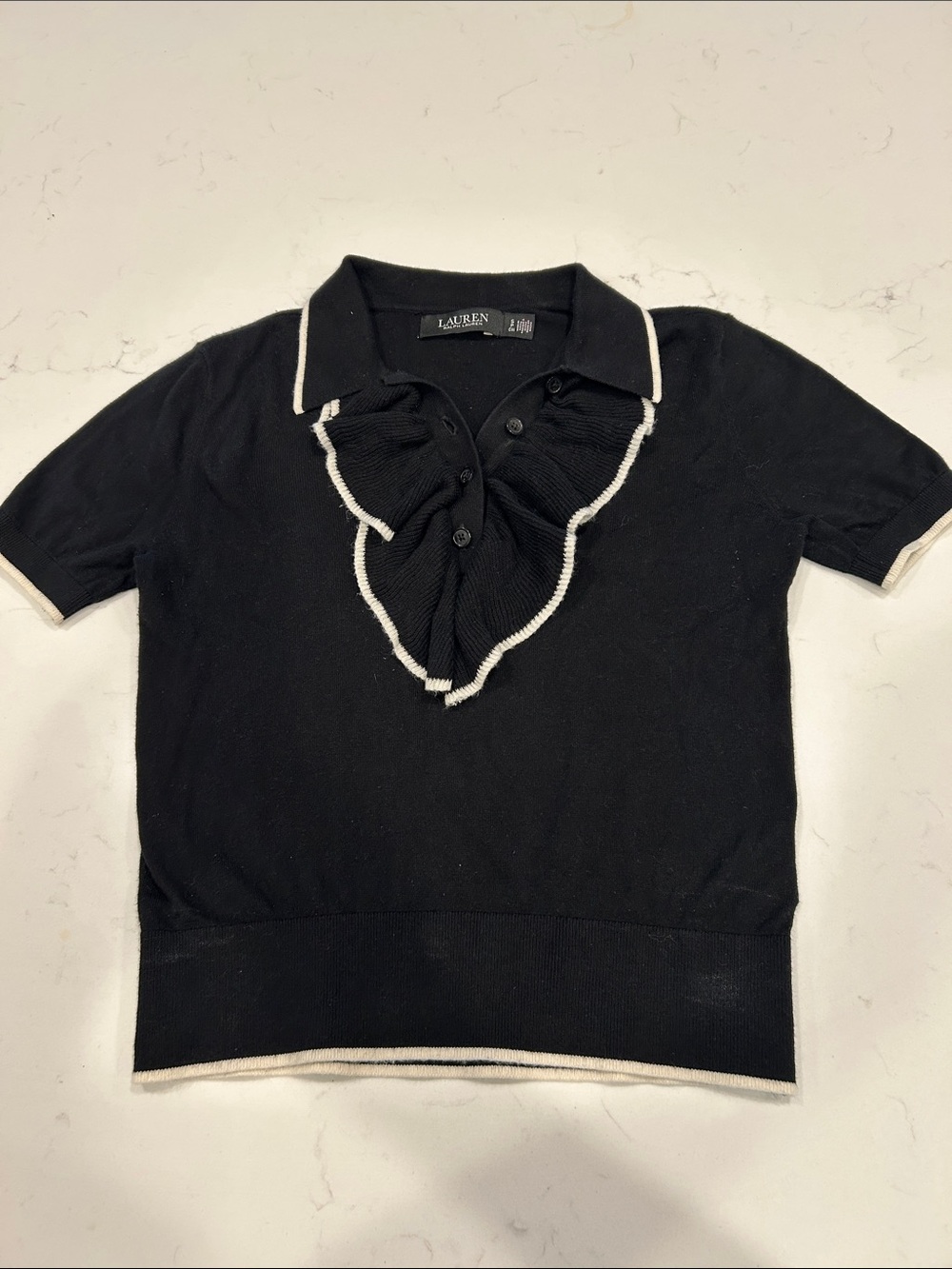 Lauren Ralph Lauren Black Short-Sleeve V-Neck Sweater with White Trim